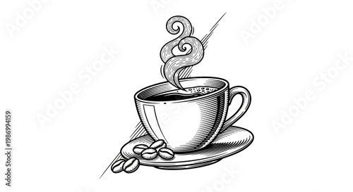 A steaming cup of coffee on a saucer.