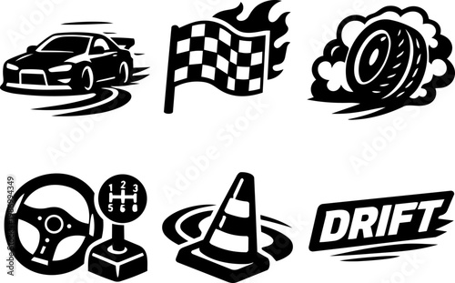 Car drifting and racing icons set