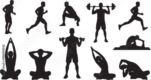 Fitness, exercise, workout, silhouette icons, 10 black vector graphics, athletic poses, yoga, running, weightlifting