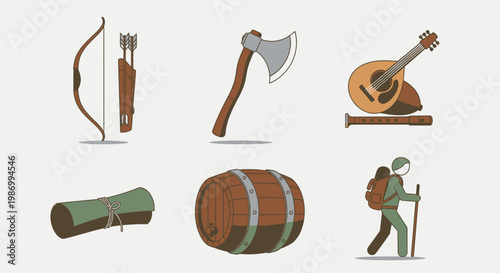 Collection of vector illustrations depicting weapons musical instruments and accessories