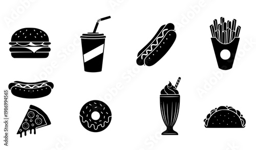 Fast food silhouette icons black vector burger fries drink snack minimal design collection