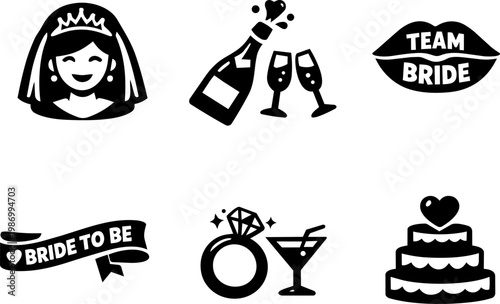 Bachelorette party icons bride celebration drink isolated on white background
