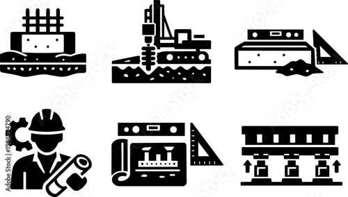 Construction icons concrete drilling foundation tools isolated on white background
