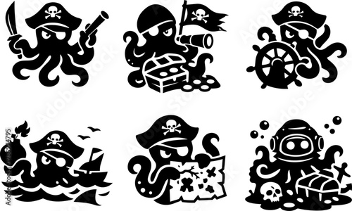 Pirate octopus icons treasure adventure sea