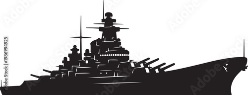 Battleship, warship, naval vessel, military ship, black silhouette, vector illustration, ocean, sea, warfare, navy