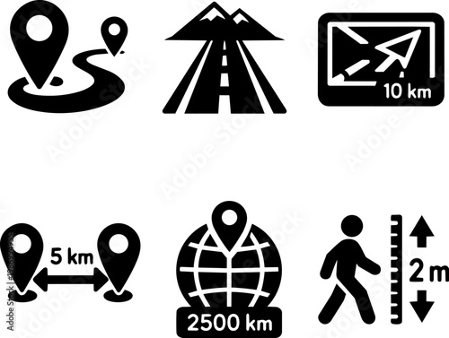 Distance and navigation icons map route gps