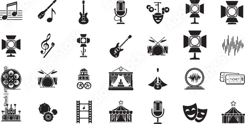 Theater and Music Icons on White Background