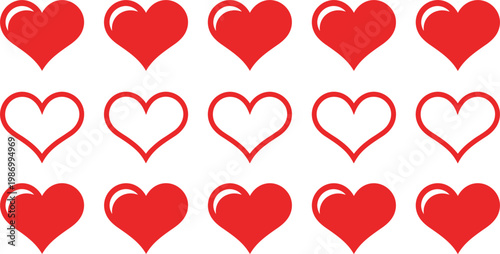Collection of red heart shapes featuring solid glossy icons and thin outline symbols isolated on white background for Valentines Day wedding and romantic greeting card design.