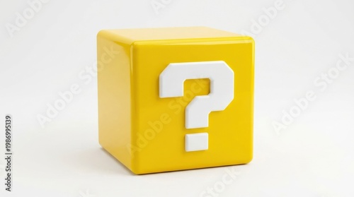 A bright yellow mystery box with a bold question mark, isolated on a clean background, playful iconic shape, glossy surface, ultra-realistic, no logos.