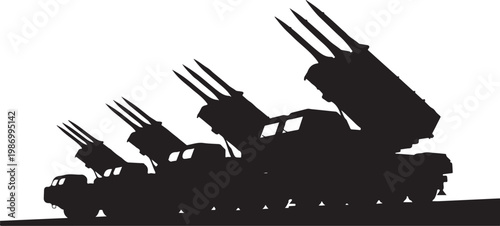 Military missile launcher vehicles, silhouette, defense system, army truck, weapon, vector