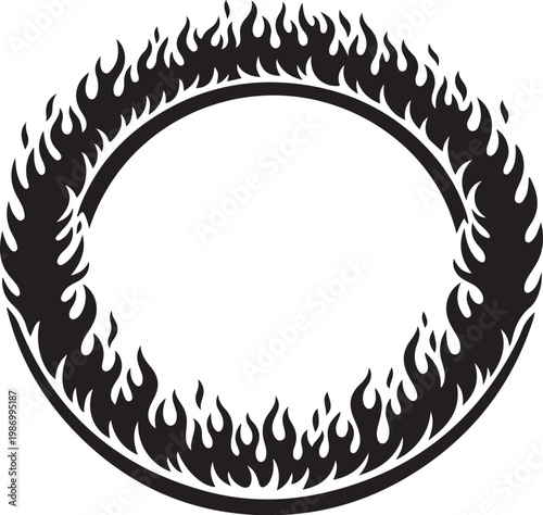Black flame circle, fire ring vector, burning border, blazing emblem