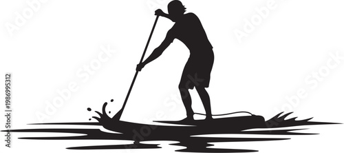 Black silhouette paddleboarder, stand up paddleboard vector, water sports icon, recreational activity