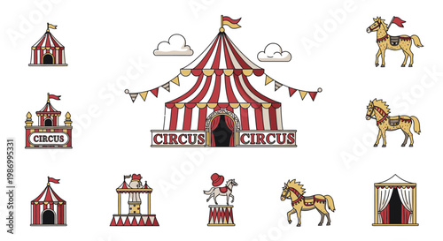 Colorful circus tent illustrations for entertainment and event designs