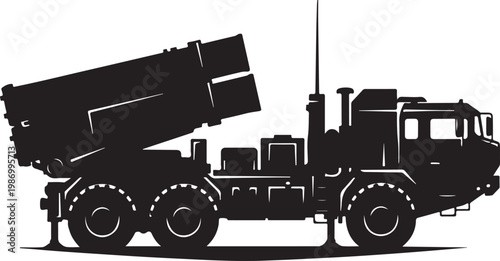 Missile Launcher Truck, Military Vehicle, Black Silhouette, Vector Illustration, Transportation