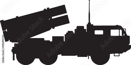 Military truck, missile launcher, black silhouette, vector graphic, military vehicle, defense equipment