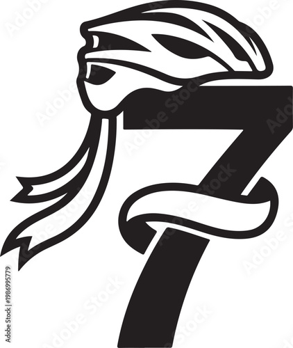 Black vector number 7, blindfolded face, abstract symbol, modern design element