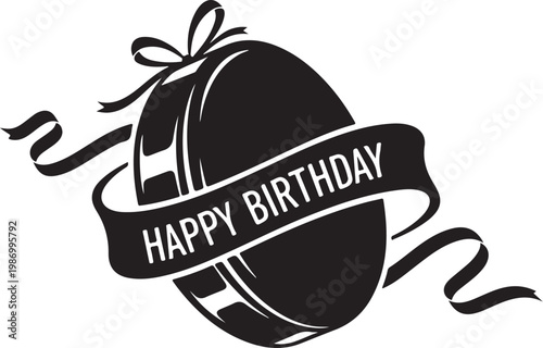 Black birthday gift icon, happy birthday banner, gift box ribbon, vector celebration symbol