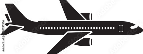 Black and white silhouette of a passenger airplane in flight aircraft travel