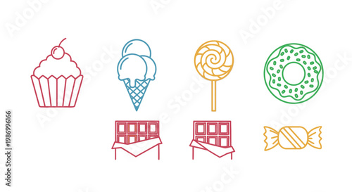 Colorful outlined illustrations of various sweets and desserts on white