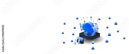 Cloud computing isometric vector illustration. Cloud Computing Technology Concept with Digital Data Storage and engineering, concept web banner.