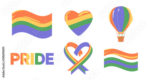 Colorful pride symbols and flags with gradient effects on white background