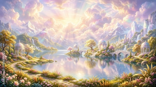 A heavenly paradise with luminous clouds, radiant sky, serene water and ethereal light bathing a peaceful dreamlike landscape, pure tranquil atmosphere, ultra-realistic, no logos.
