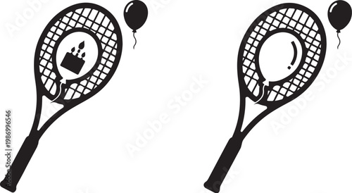 Tennis rackets, black vector icons, sports equipment, racket illustrations, athletic gear