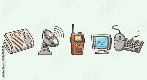 Communication devices illustration newspaper satellite radio computer keyboard