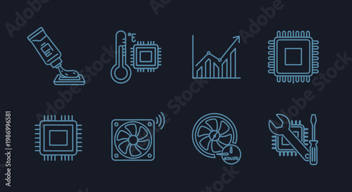 Computer components and tools icons on dark background vector illustration