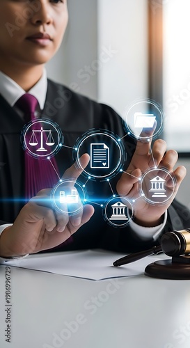 Judge using digital interface with legal and documents