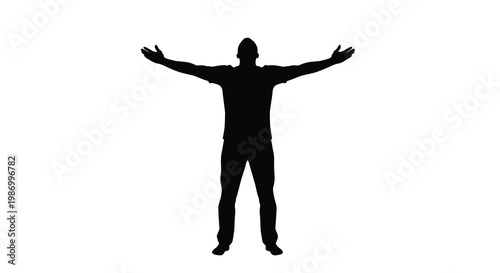 A silhouetted man stands with arms outstretched facing directly towards the viewer