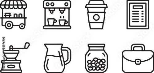 Set of eight black and white line representing coffee shop and business coffee maker