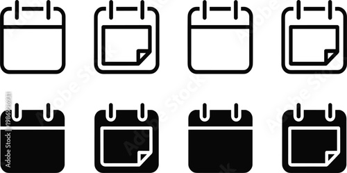 Minimalist calendar icon set featuring linear and solid vector designs for schedule planning, appointment reminders, business agendas, time management, and user interface web design.