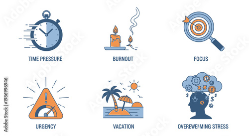 Conceptual icons depicting time pressure burnout focus urgency vacation stress
