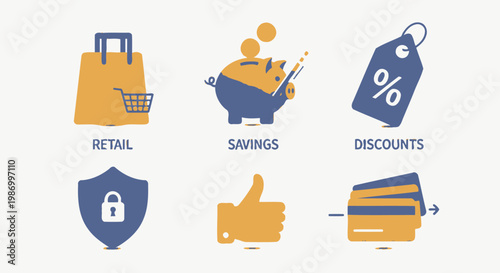 Conceptual icons illustrating retail savings discounts security and payment