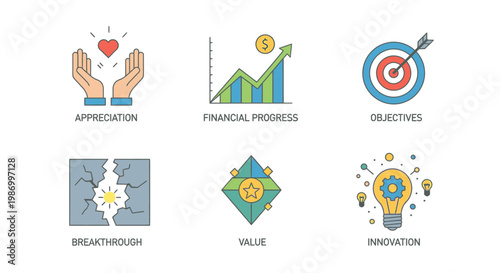 Conceptual icons representing business growth innovation and value creation