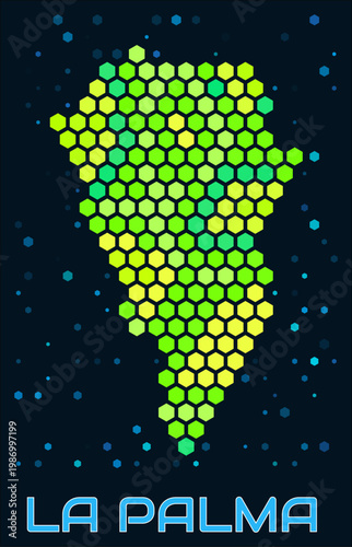 La Palma hexagon dots map. Spain. Digital style shape of the island. La Palma map and title. Large green colored hexagons, sparse blue dots at background. Vector Illustration.