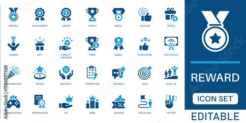 Reward icon set. featuring success, achievement, winner trophy, gold medal, gift bonus, and loyalty program badges in blue flat design.