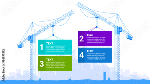 Modern construction and real estate development infographic template. Features two blue tower cranes lifting four colorful rectangular text boxes with numbers. Flat vector illustration with a city sky
