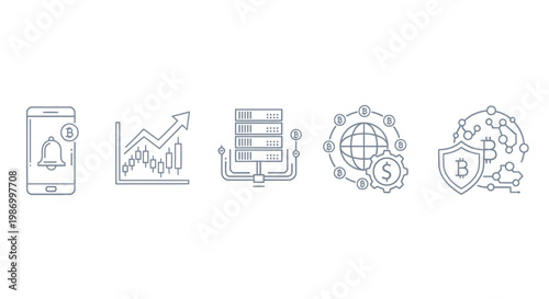 Cryptocurrency concepts represented by minimalist line art icons