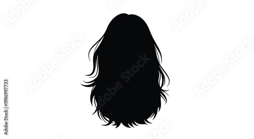 A stark silhouette of long flowing hair against a plain white background