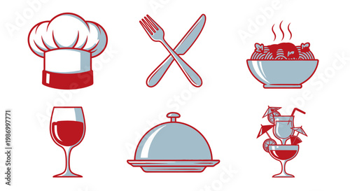 Culinary icons chef hat cutlery dishes wine glass and cocktails