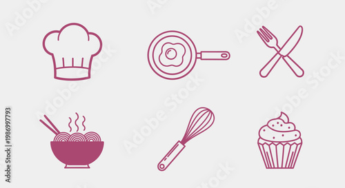 Culinary icons chef hat fried egg cutlery noodles whisk and cupcake