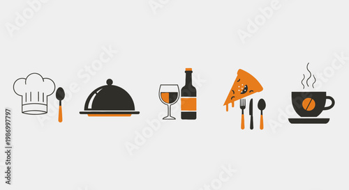 Culinary icons chef hat dishes wine pizza coffee cup isolated design elements