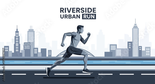 Riverside Urban Runner Motion Athlete Cityscape Silhouette