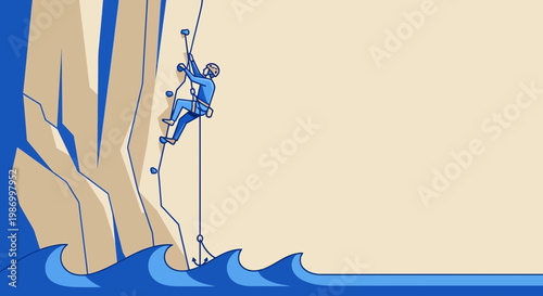 Rock Climber Ascending Cliff Face Above Wavy Ocean Waters