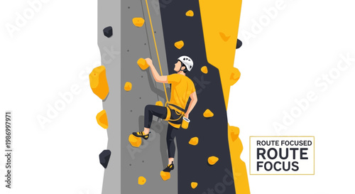 Rock Climbing Athlete Ascending Textured Wall With Bright Holds For Sport