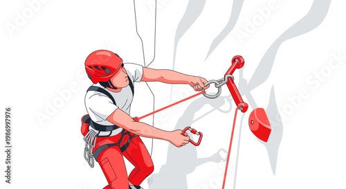 Rock Climbing Athlete Secures Rope To Anchor