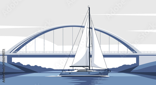 Sailboat Glides Under Modern Arch Bridge