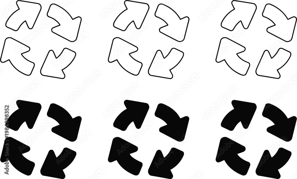 Fototapeta premium Set of circular rotation arrow icons in outline and solid black styles representing recycling synchronization continuous process loading refresh and environmental sustainability concepts, 23 words.